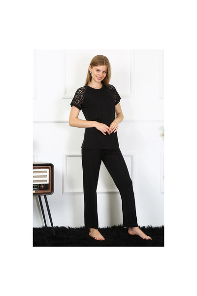 Narnuga Mi̇ray- Women's Lace Trim Combed Cotton Pajama Set Black