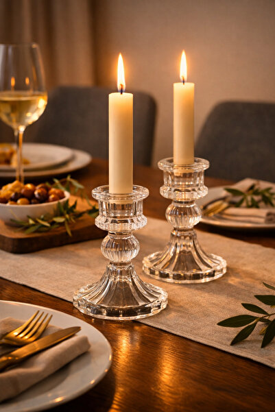 DailyHome Cam Şamdan 2’li Set – Şeffaf Kristal Görünümlü, Uzun Mum Uyumlu