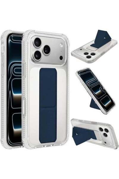 Generic Back Protection Cover with Finger Holder Compatible with iPhone 17 Pro, Transparent/Navy