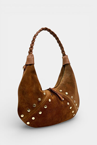 Miales Taba, Hakiki Süet Deri Trok Taş ve Uzun Askı Detaylı Kadın Omuz Çantası