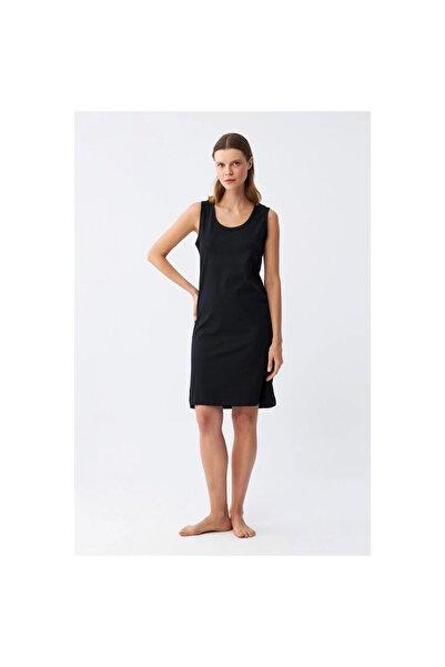 Narnuga Mi̇ray- Women's Thick Strap Combed Cotton Nightgown Black