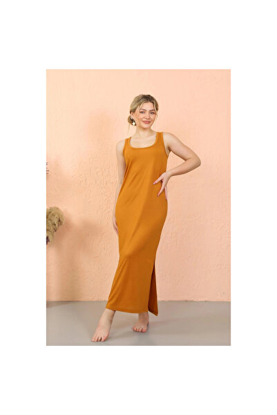 Narnuga MİRAY- ثوب نوم نسائي طويل بحمالات سميكة Y شق بلون الخردل