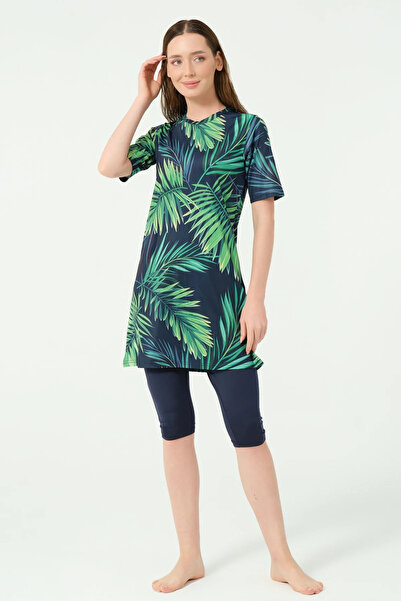 ALFASA Patterned Semi-Closed Hijab Swimsuit 24712-25 Navy Blue