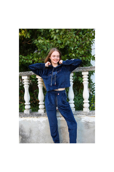 Narnuga Mi̇ray- Women's Velvet Hooded Tracksuit Set Navy Blue
