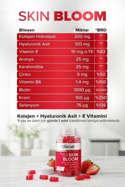Lifecell Skin Bloom - Cilt vitamini Kolajen, Hyaluronik asit, Vitamin E içeren Kompleks Gıda Takviyesi