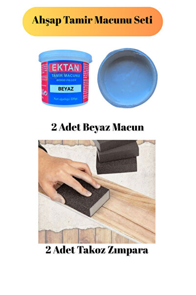 Mobilyap 2 Adet Beyaz Ahşap Tamir Macunu Seti 2 Adet Takoz Zımpara