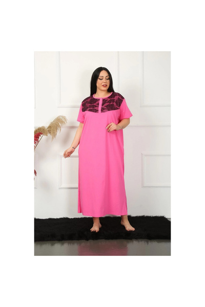 Narnuga Mi̇ray- Plus Size Lace Short Sleeve Fuchsia Mother's Nightgown