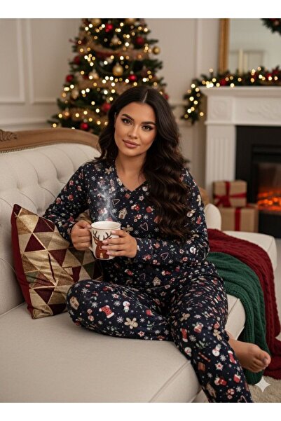 trendmodaal Navy Blue Christmas Themed Suede Pajama Set