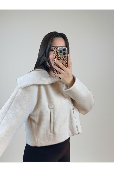 Varacci Boydan Fermuarlı Ekru Kısa Kürk