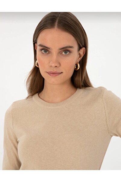 Pierre Cardin Kadın Bej Slim Fit Triko Kazak Bisiklet Yaka Uzun Kollu Basic 5...