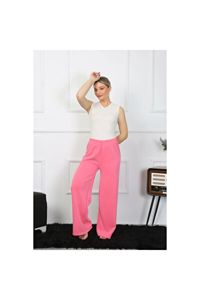 Narnuga Mi̇ray- Women's Wide Leg Combed Cotton Pink Top and Bottom Set