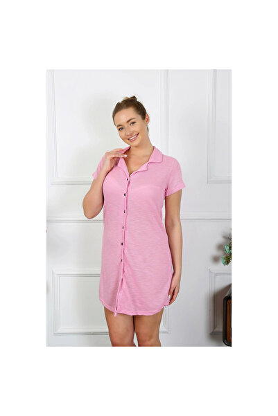 Narnuga Mi̇ray- Women's Cotton Woven Short Sleeve Buttoned Pink Tunic Nightgown