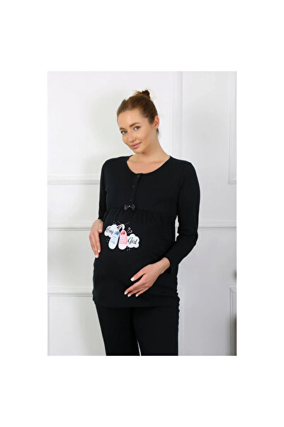 Narnuga Mi̇ray- Women's Long Sleeve Maternity Pajama Set Black