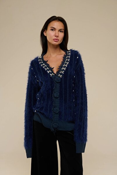 Lavanta Tekstil V-Neck Stone Embroidery and Knit Detail Knitwear Cardigan