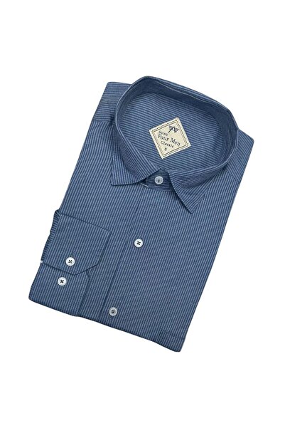 GÖMLEK GALERİSİ Men's Classic Wide Cut Striped Navy Blue Long Sleeve Shirt