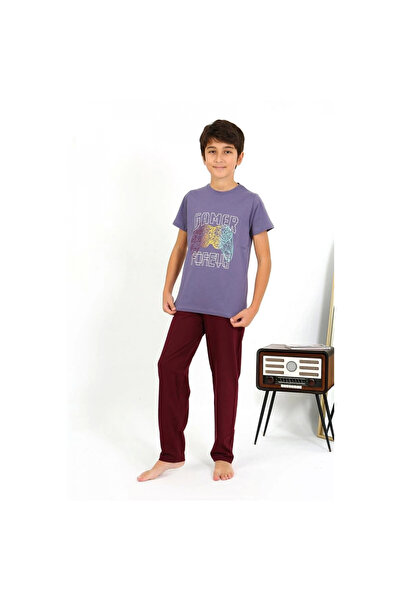 Narnuga Mi̇ray- Boys' Short Sleeve Combed Cotton Pajama Set Purple