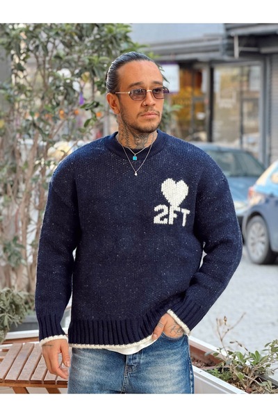 manch collection Göğüste Printed Knitted Sweater Navy Blue