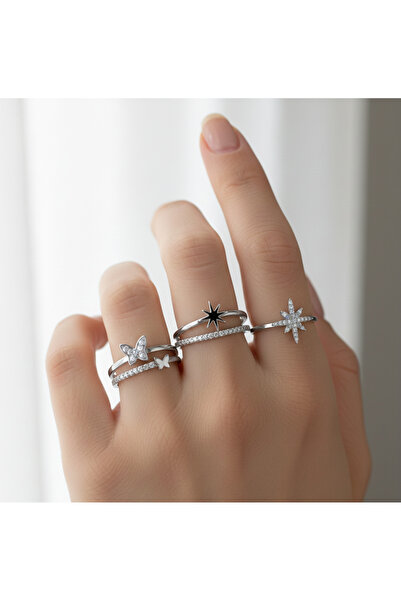 Ervalina 3'lü Zirkon Taşlı Kelebek ve Kutup Figür Yüzük Seti (Ayarlanabilir)