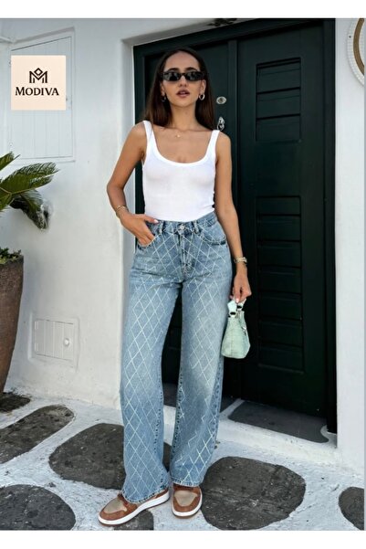 MODİVA MİX Yüksek Bel Taş Baskılı Bakalava Desenli Boru Paça Mavi Kadın Jean ...