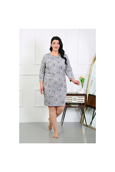 Narnuga Mi̇ray- Women's Plus Size Combed Cotton Nightgown Home Dress Gray