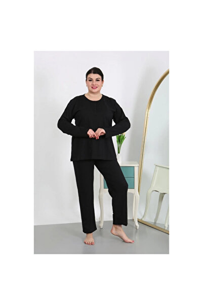 Narnuga Mi̇ray- Women's Plus Size Long Sleeve Combed Cotton Pajama Set Black