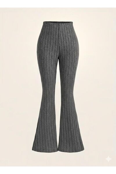 Marin Star Anthracite Corded Fabric High Waist Flared Women's Trousers, Stretchy Knit Fabric Flared Trousers