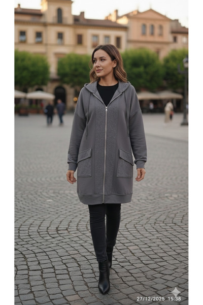 azram Women's Hooded Zippered Relaxed Cut Long Sweatshirt