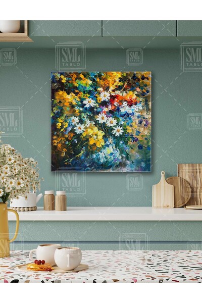 SML TABLO Colorful Flowers and Daisy Bouquet Blue Vase Decor Square Canvas Painting