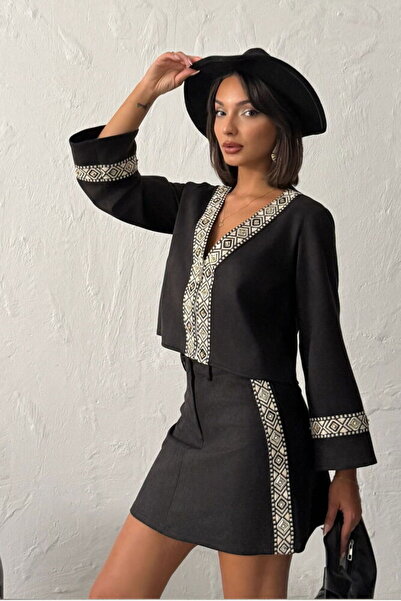 Caddebostan Moda Black Striped Detail Scuba Suede Jacket Modern Premium Luxury Trend Design Jacket