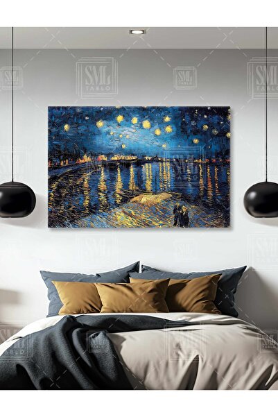 SML TABLO Van Gogh Starry Rhone Nehri Üzerinde YIldızlı Gece Yatay Kanvas Tablo