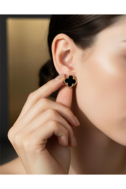 staınless steel Kadın Paslanmaz Çelik Gold Renk Detaylı 4 Yapraklı Yonca Küpe...