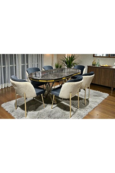MSY HOME 6 Kişilik Aura Gold Serisi İroni Lake Oval Yemek Masası ve Puffy Füme Sandalye Takımı Modern