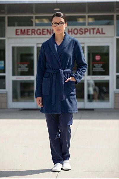 DEMOTEKS Unisex medical sweatshirt gown with pockets and drawstring at the waist, navy blue