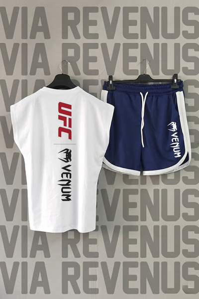 Vordevia Ufc Front and Back Printed Zero Sleeve Sports Tshirt and Navy Blue Shorts Sports Set