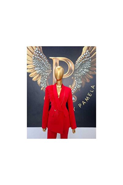 OEM RED SUIT WITH FEATHERS AND RHINESTONE ON THE LAPEL - RED, 46