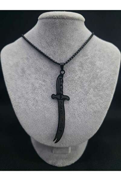 sarıyer silver Zulfiqar Hz. Ali Kılıç Black Color There Is No Other Sword Than Aliden, There Is No Other Sword Than Yiğit Zülfikard, Text Steel Necklace