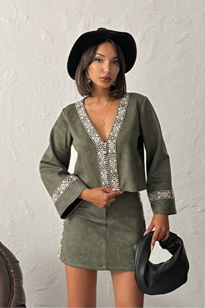 Caddebostan Moda Khaki Striped Detail Scuba Suede Jacket Modern Premium Luxury Trend Design Jacket