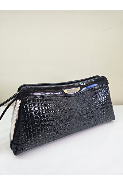 Kemo Bags Black Croco Printed Patent Leather Inner 3-Section Hand Portfolio a...