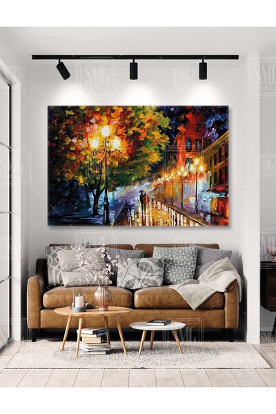 SML TABLO Gece Şehir Işıkları Şemsiye Altındakİ Romantik Sevgililer Aşık Çift...
