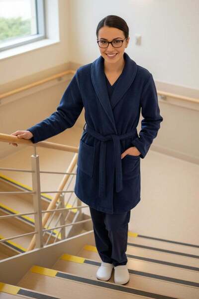 Moodamedikal Short medical fleece robe, unisex, with pockets and drawstring at the waist, navy blue