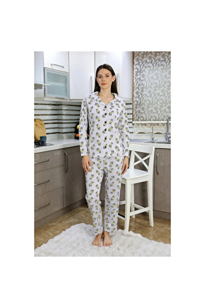Narnuga Mi̇ray- Women's Cotton Combed Cotton Front Buttoned Long Sleeve Pajama Set Gray