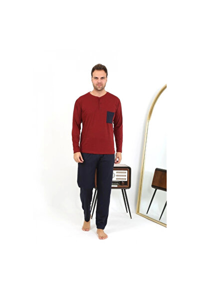 Narnuga Mi̇ray- Men's Long Sleeve Combed Cotton Burgundy Pajama Set