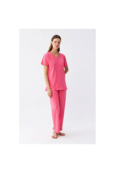Narnuga Mi̇ray- Women's Short Sleeve Cotton Combed Pajama Set Fuchsia