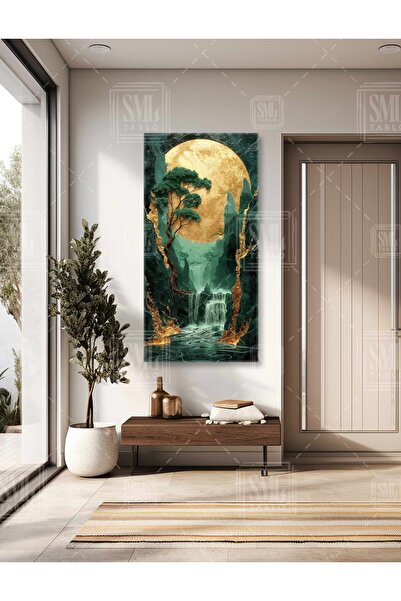 SML TABLO Altın Ay Işığında Akan Nehir Gece Alaca Karanlık Boyuna Dikey Kanva...