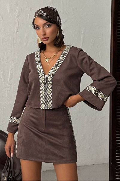 Caddebostan Moda Brown Striped Detail Scuba Suede Jacket Modern Premium Luxury Trend Design Jacket