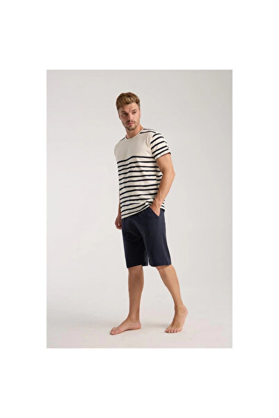 Narnuga Mi̇ray- Men's Cream Crew Neck Short Sleeve Pajama Set with Shorts