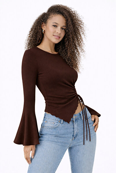 ESPOİRPLUS Aci Brown Round Neck Drape Detail Spanish Sleeve Hijab Matching Top Blouse