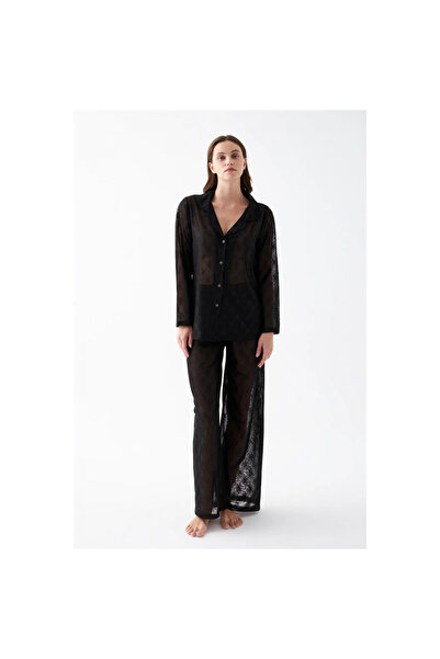 Narnuga Mi̇ray- Women's Black Transparent Jacquard Buttoned Pajama Set