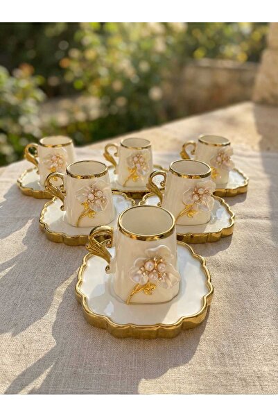 ÇNR Home Collection Özel El Yapımı 6 lı Porselen İnci Taşlı Çiçek Broşlü Gold Kahve Fincan Takımı
