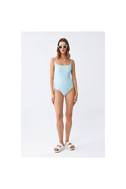 Narnuga Mi̇ray- Women's Ice Blue Thin Strap Solid One-Piece Swimsuit